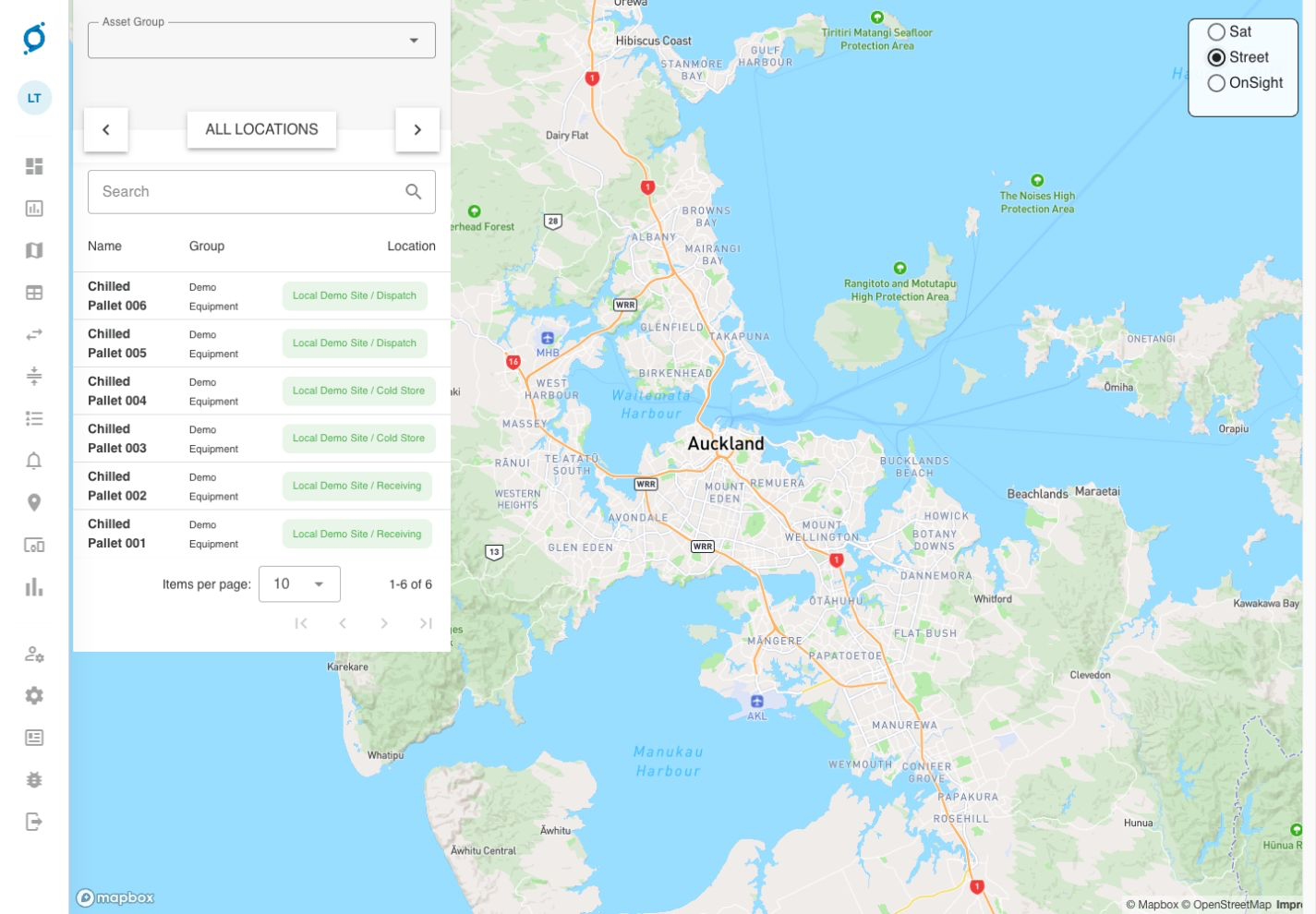 Command demo asset list showing chilled pallets assigned to Receiving, Cold Store and Dispatch locations beside a map